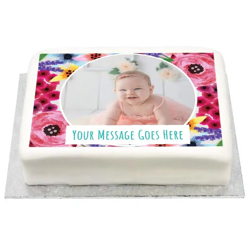 Personalised Photo Cake - Watercolour Flowers Personalised Cake
