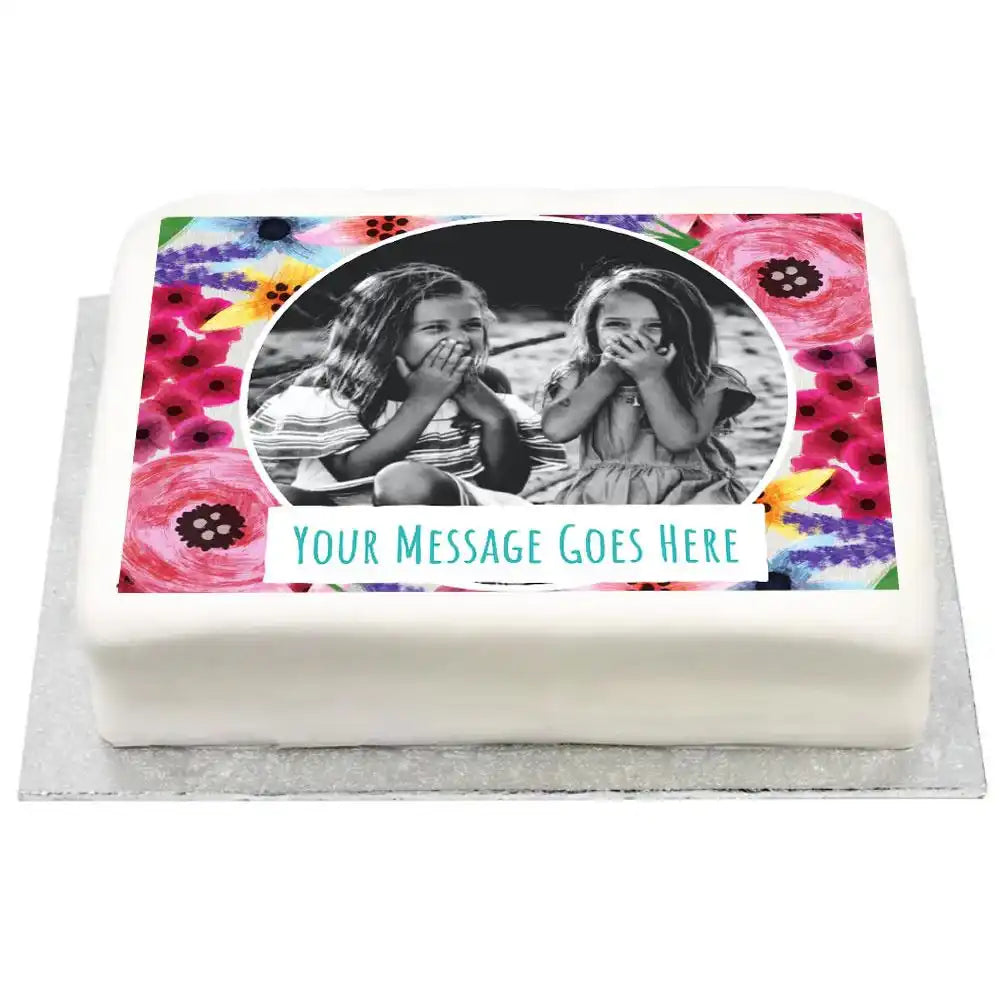 Personalised Photo Cake - Watercolour Flowers Personalised Cake