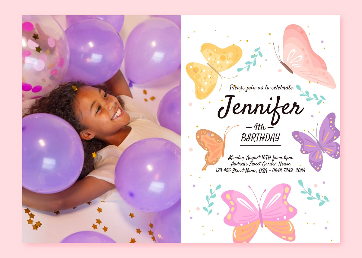 Birthday invitation card with butterflies and a photo of a girl with balloons.