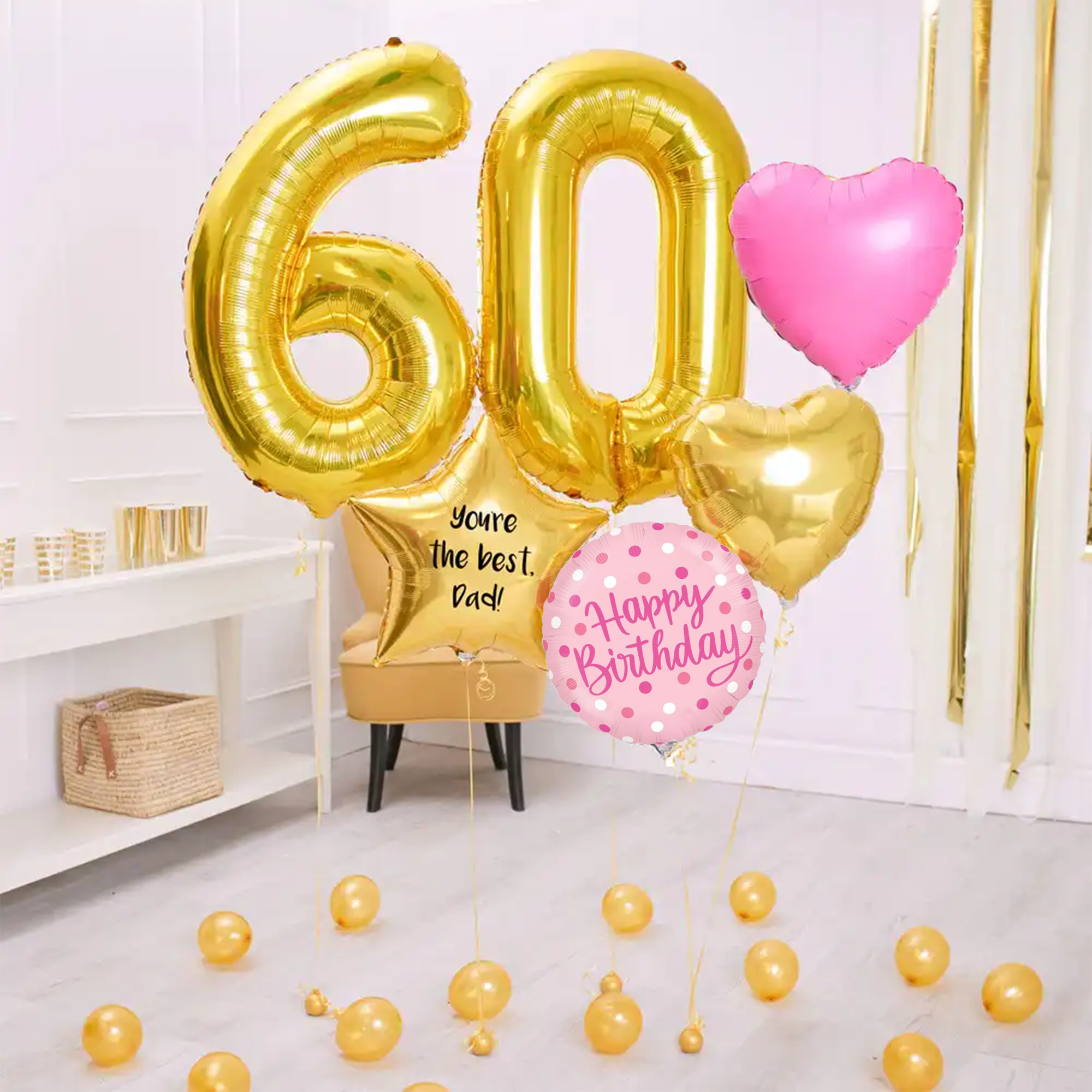 Deluxe Personalised Balloon Bunch - 60th Birthday Gold & Pink Personalised Balloons
