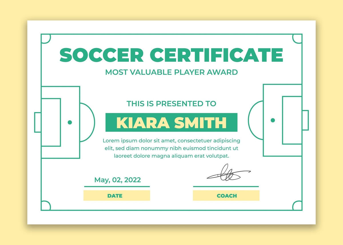 Soccer certificate for Most Valuable Player Award on a yellow background