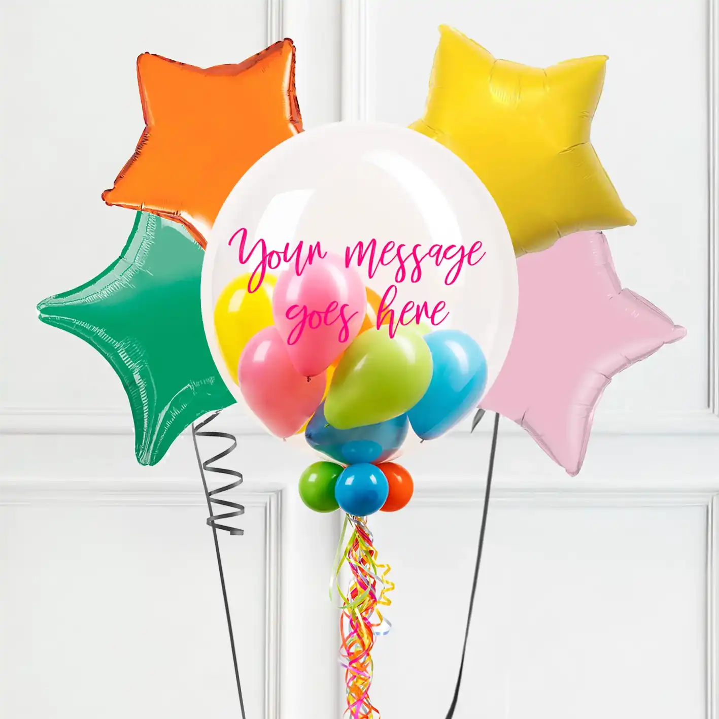 Personalised Bubble Balloon in a Box – Boho Tropical Mini Balloons 4 Extra Balloons Personalised Balloons