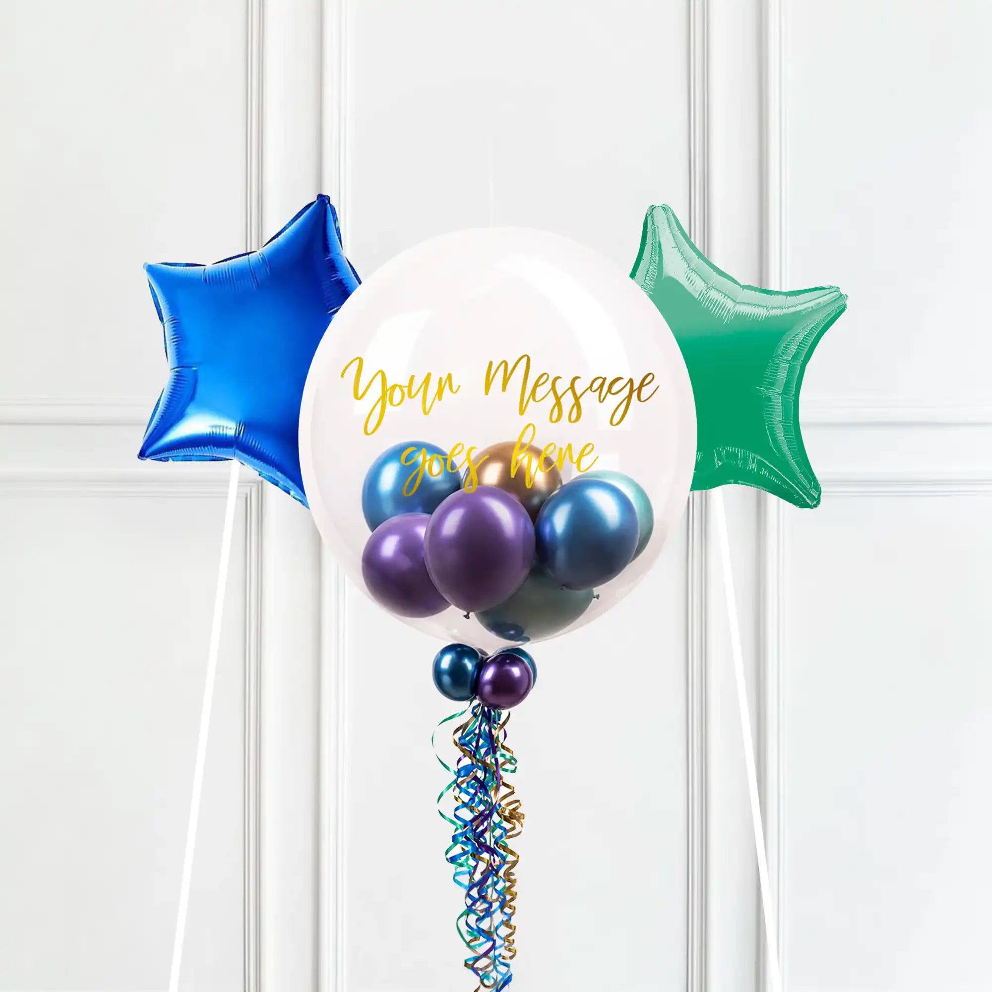 Personalised Bubble Balloon in a Box – Chrome Luxe Mini Balloons 2 Extra Balloons Personalised Balloons