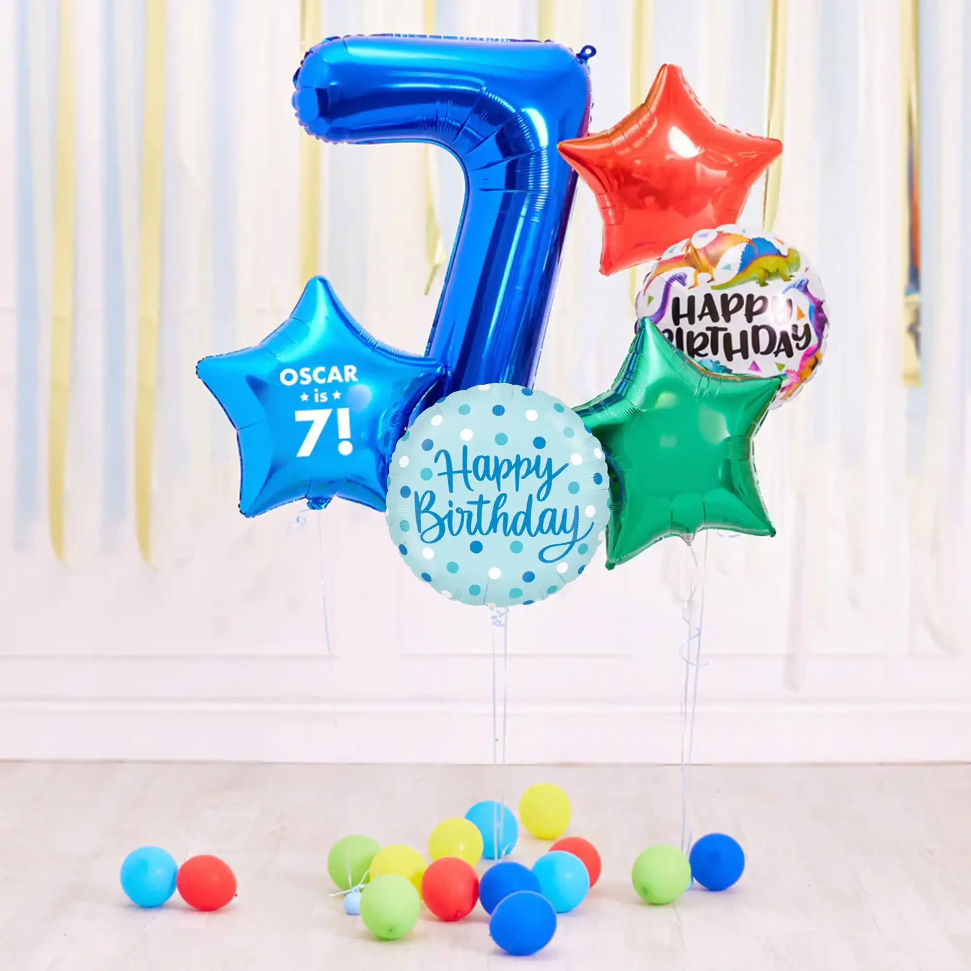 Deluxe Personalised Balloon Bunch - 7th Birthday Blue Personalised Balloons