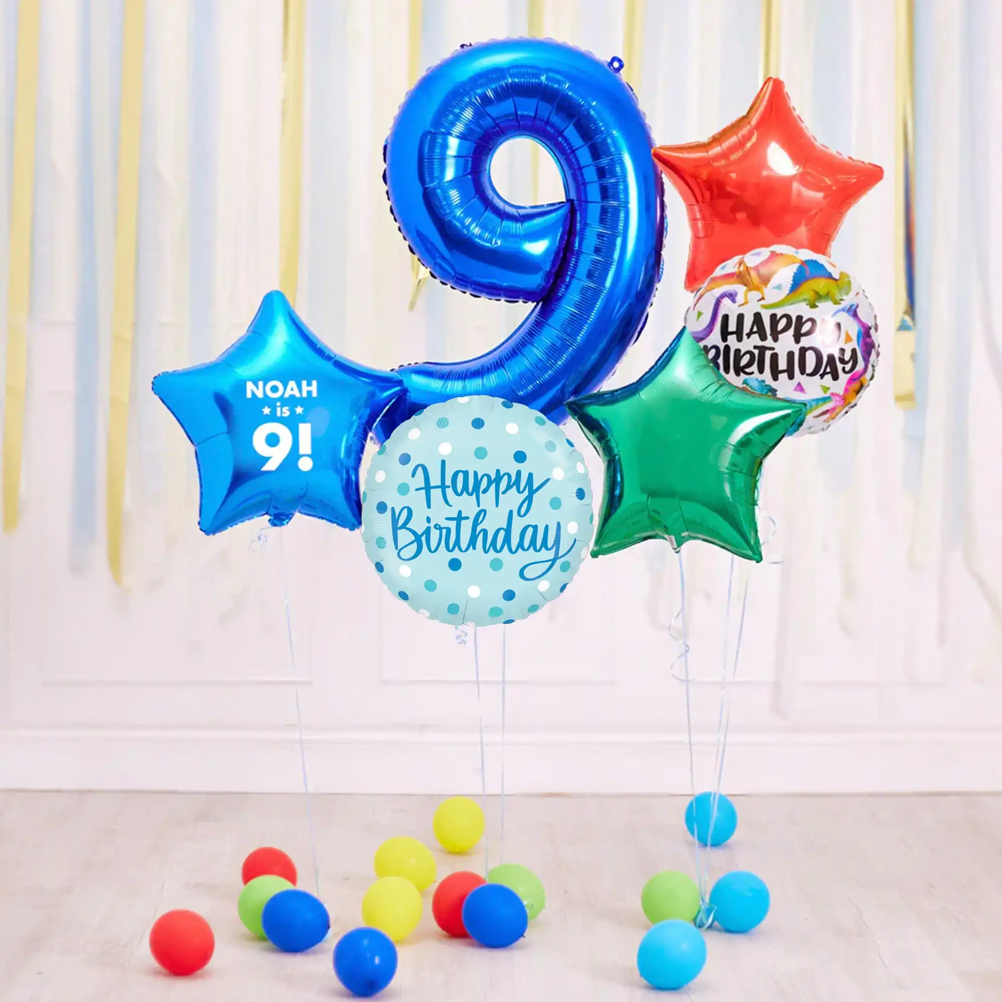 Deluxe Personalised Balloon Bunch - 9th Birthday Blue Personalised Balloons