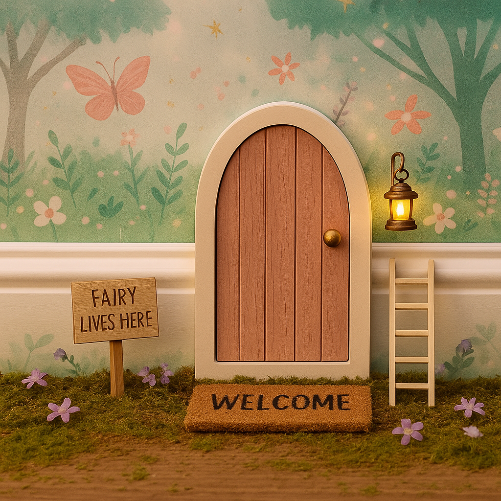 Wooden fairy door with welcome mat, ladder, and sign in a whimsical garden setting.