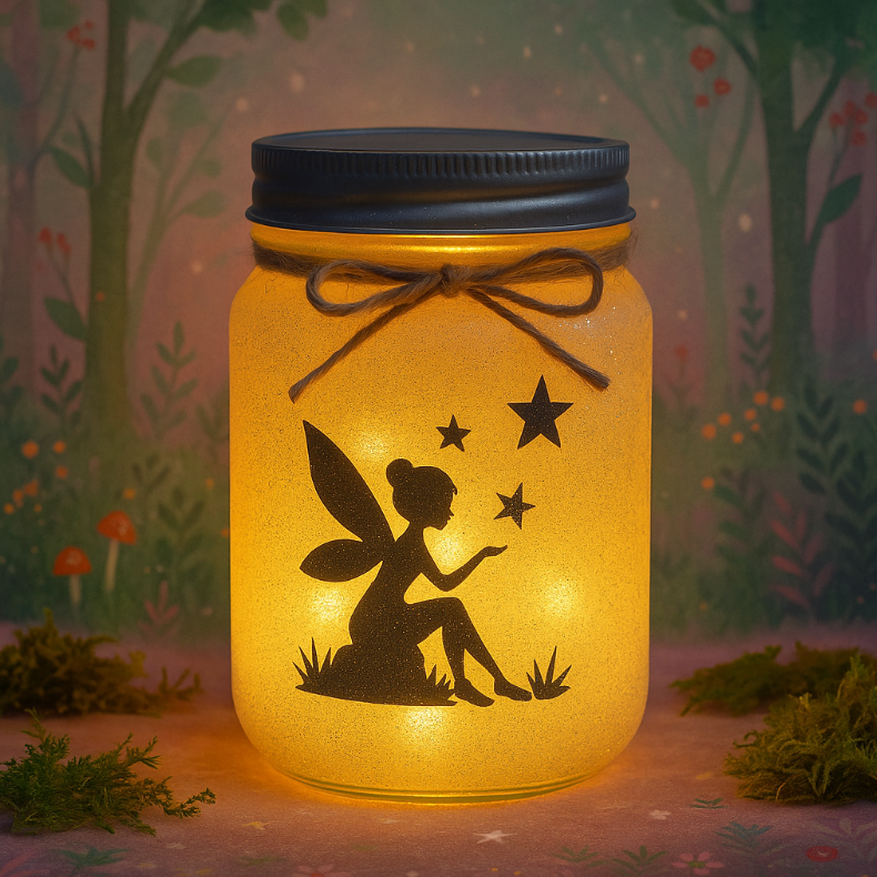 Luminous jar with fairy design against a forest background