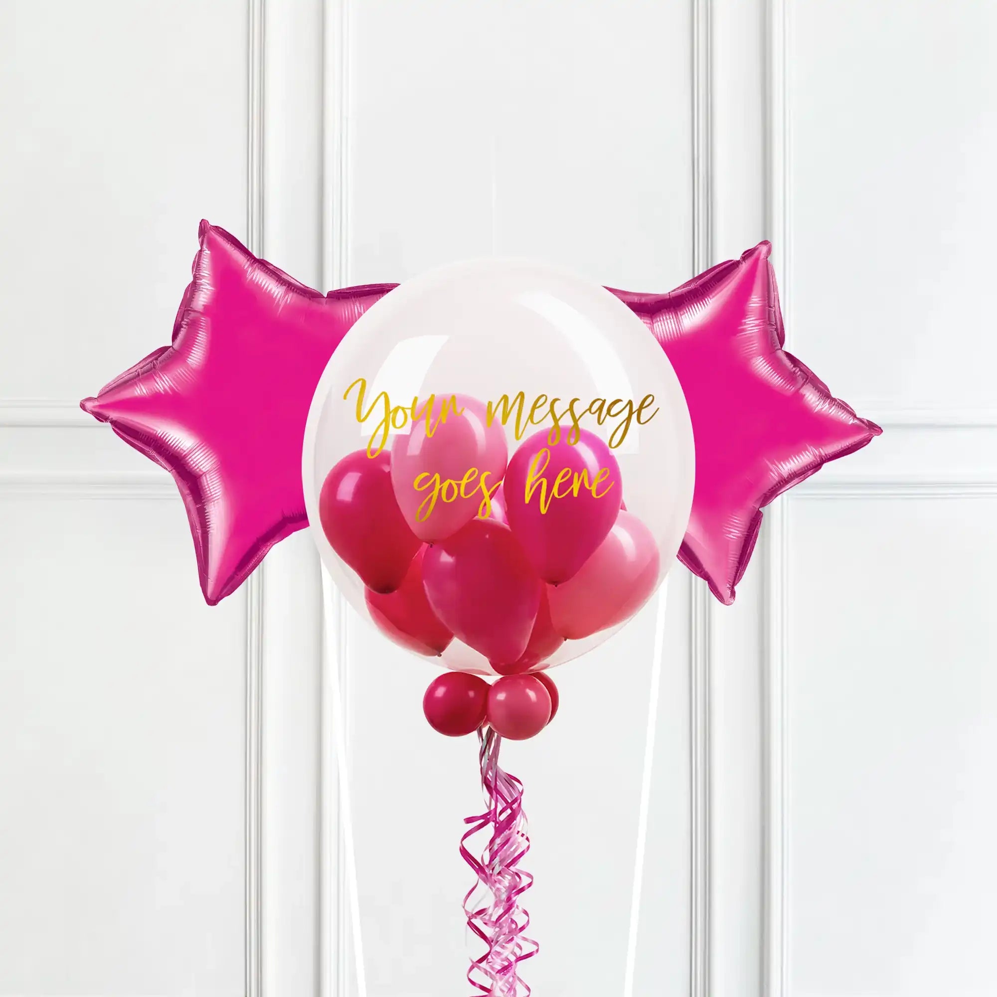 Personalised Bubble Balloon in a Box – Flamingo Pink 2 Extra Balloons Personalised Balloons