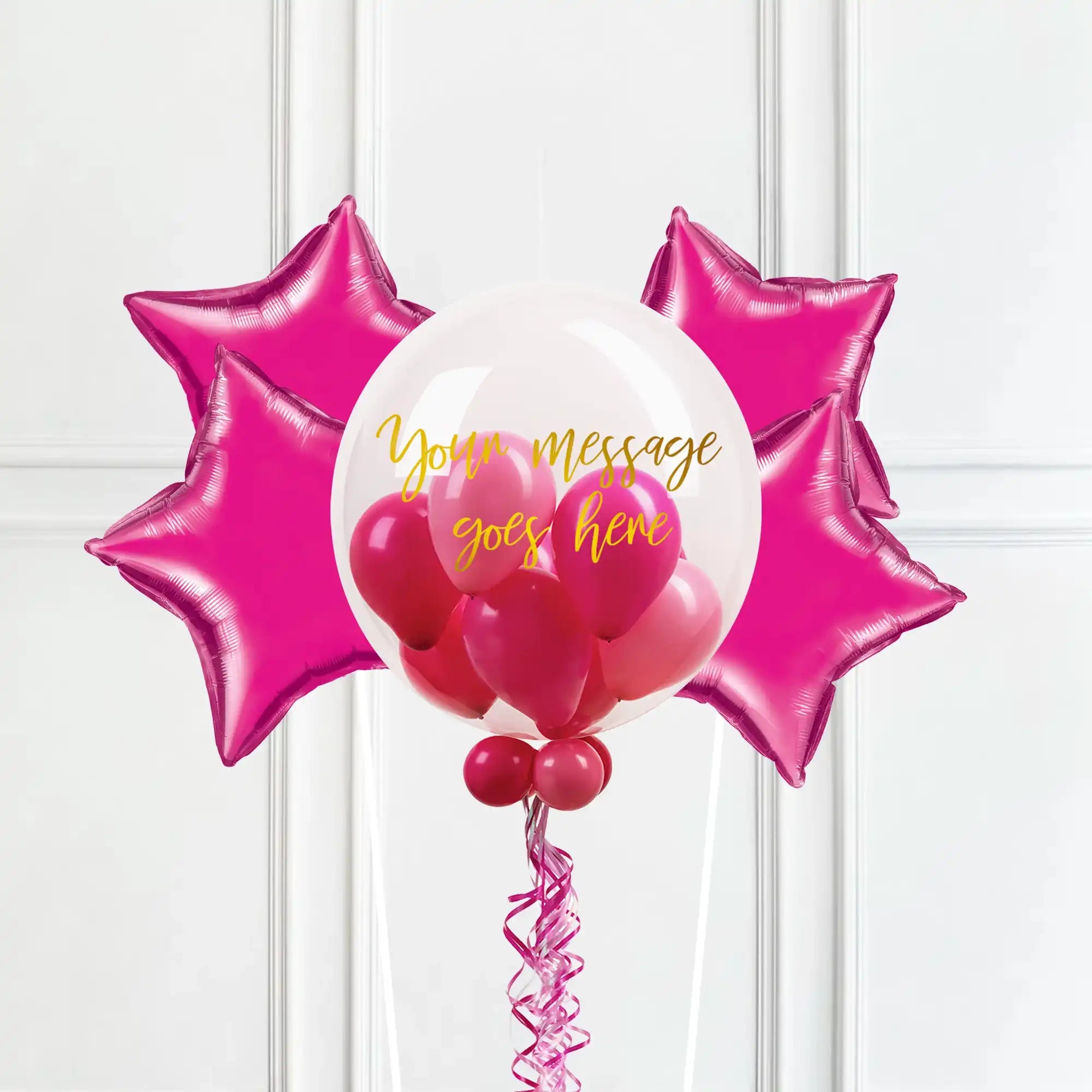 Personalised Bubble Balloon in a Box – Flamingo Pink 4 Extra Balloons Personalised Balloons
