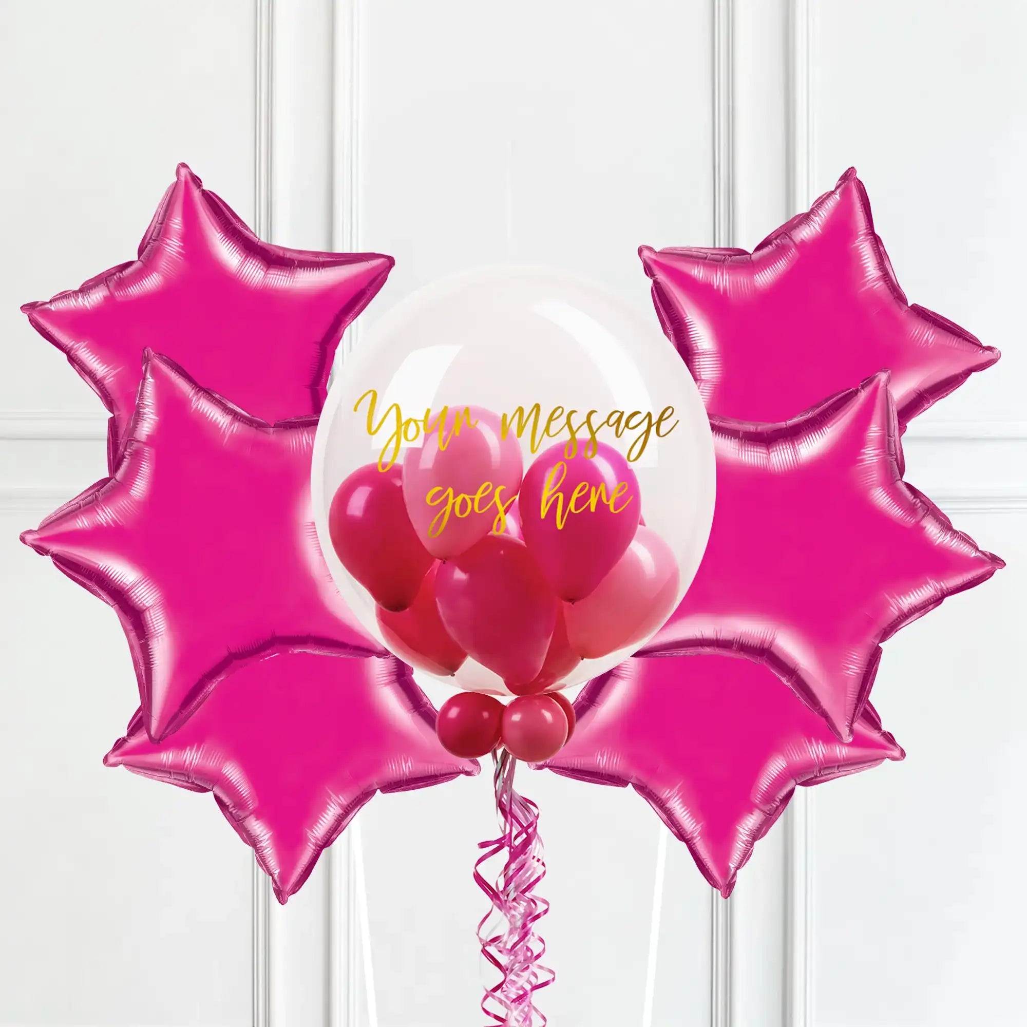 Personalised Bubble Balloon in a Box – Flamingo Pink 6 Extra Balloons Personalised Balloons