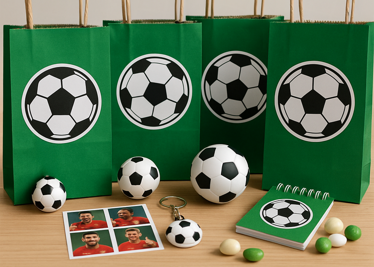 Green bags with soccer ball designs, soccer-themed items on a wooden surface