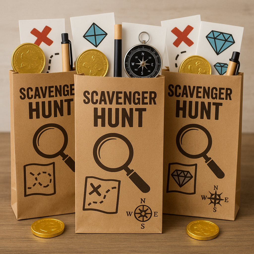 Three brown paper bags labeled 'Scavenger Hunt' with various items on a wooden surface.