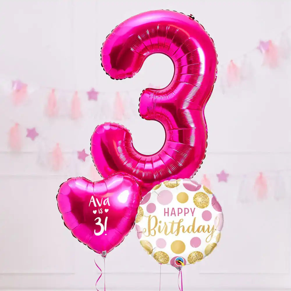 Personalised 3rd Birthday Inflated Balloon Bunch – Pink Personalised Balloons