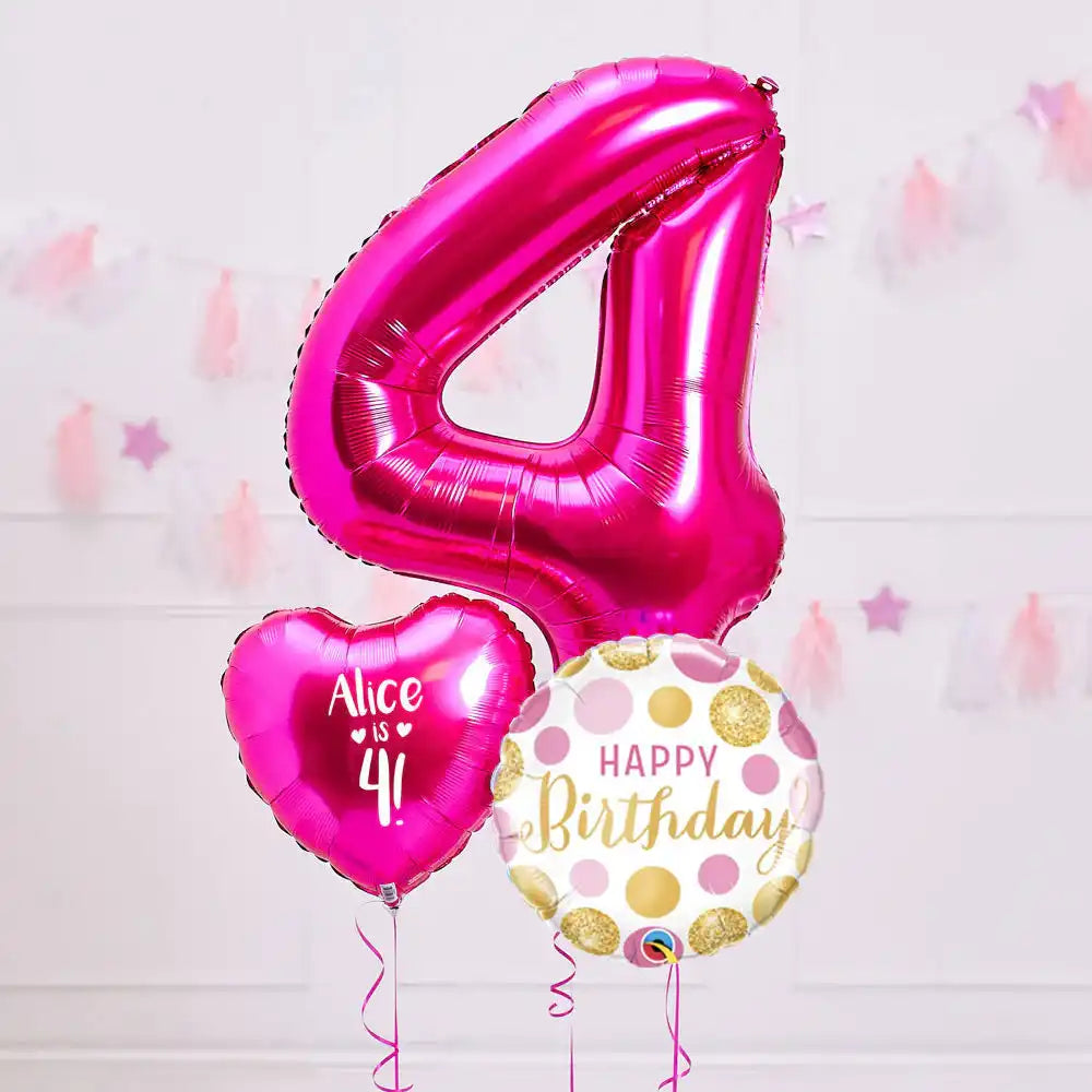 Personalised 4th Birthday Inflated Balloon Bunch – Pink Personalised Balloons