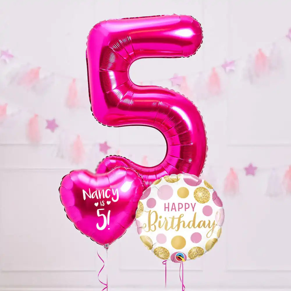 Personalised 5th Birthday Inflated Balloon Bunch – Pink Personalised Balloons