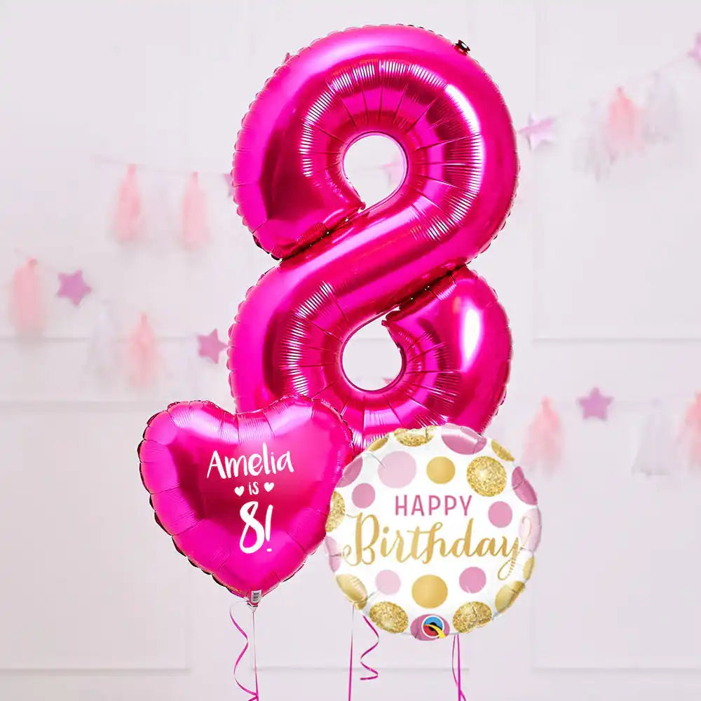 Personalised 8th Birthday Inflated Balloon Bunch – Pink Personalised Balloons