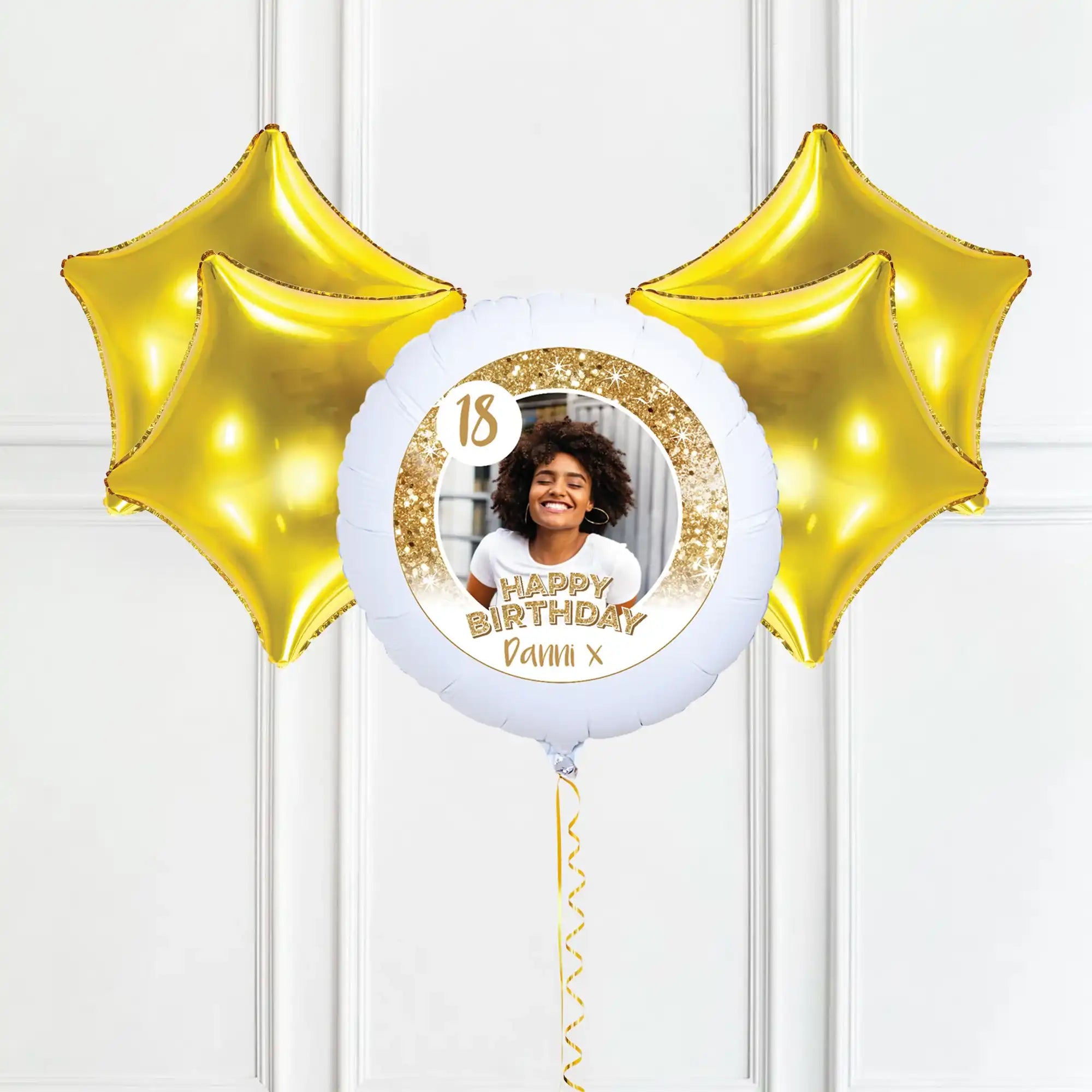 Personalised Photo Balloon - Any Age Birthday: White Lustre Single Photo 4 Balloons Personalised Balloons