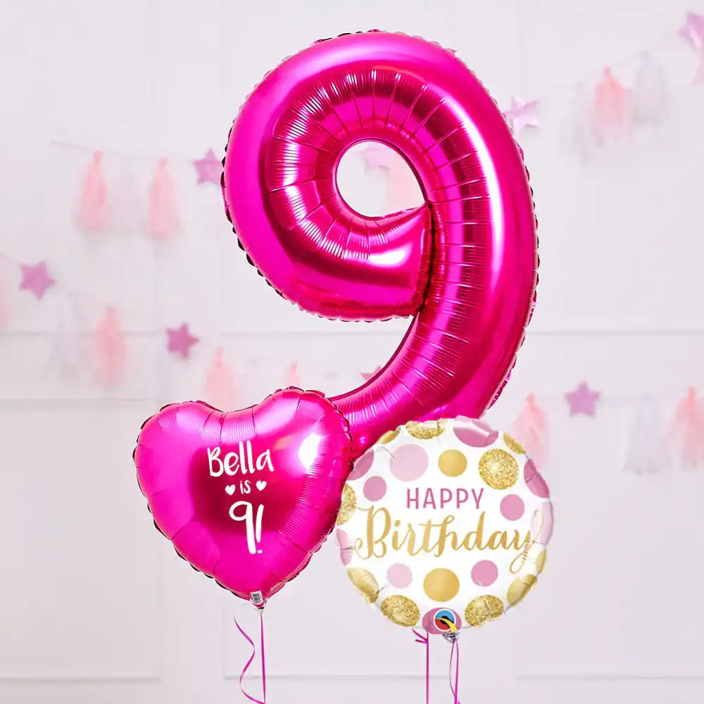 Personalised 9th Birthday Inflated Balloon Bunch – Pink Personalised Balloons