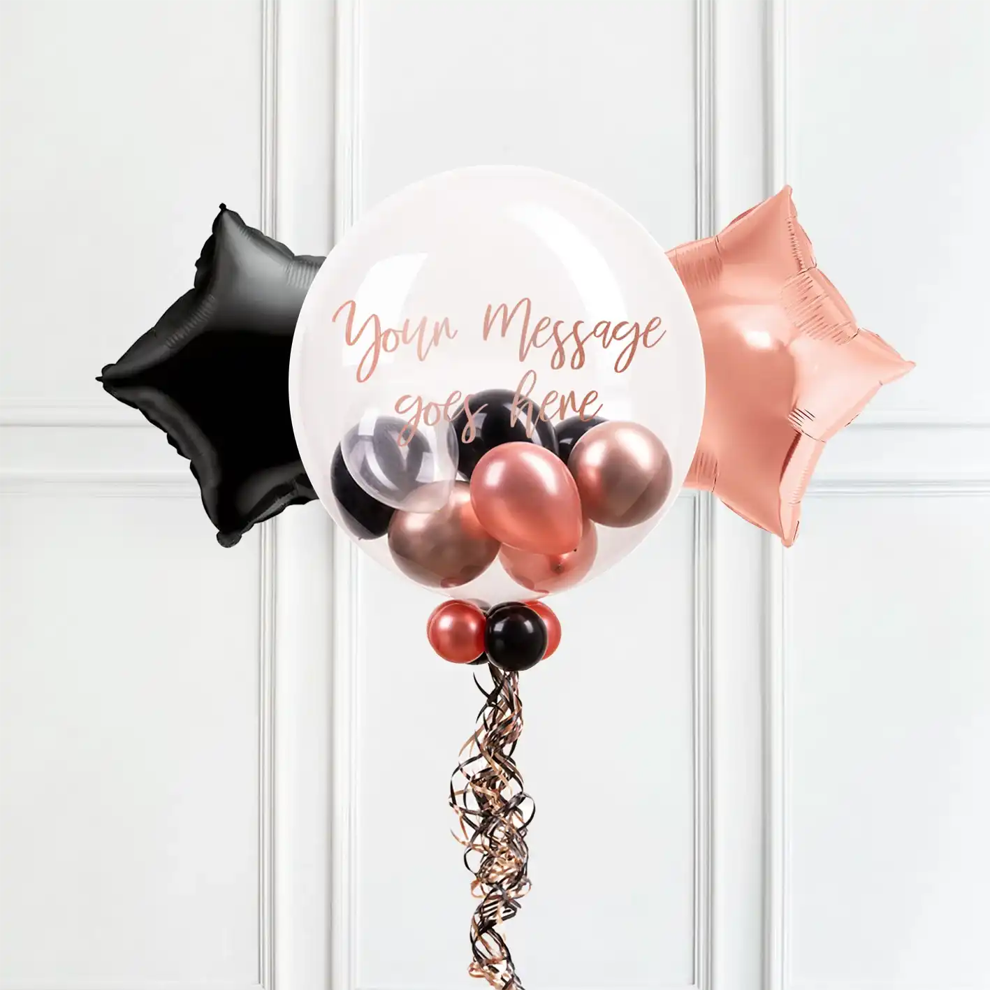 Personalised Bubble Balloon in a Box – Rose Gold Chic 2 Extra Balloons Personalised Balloons