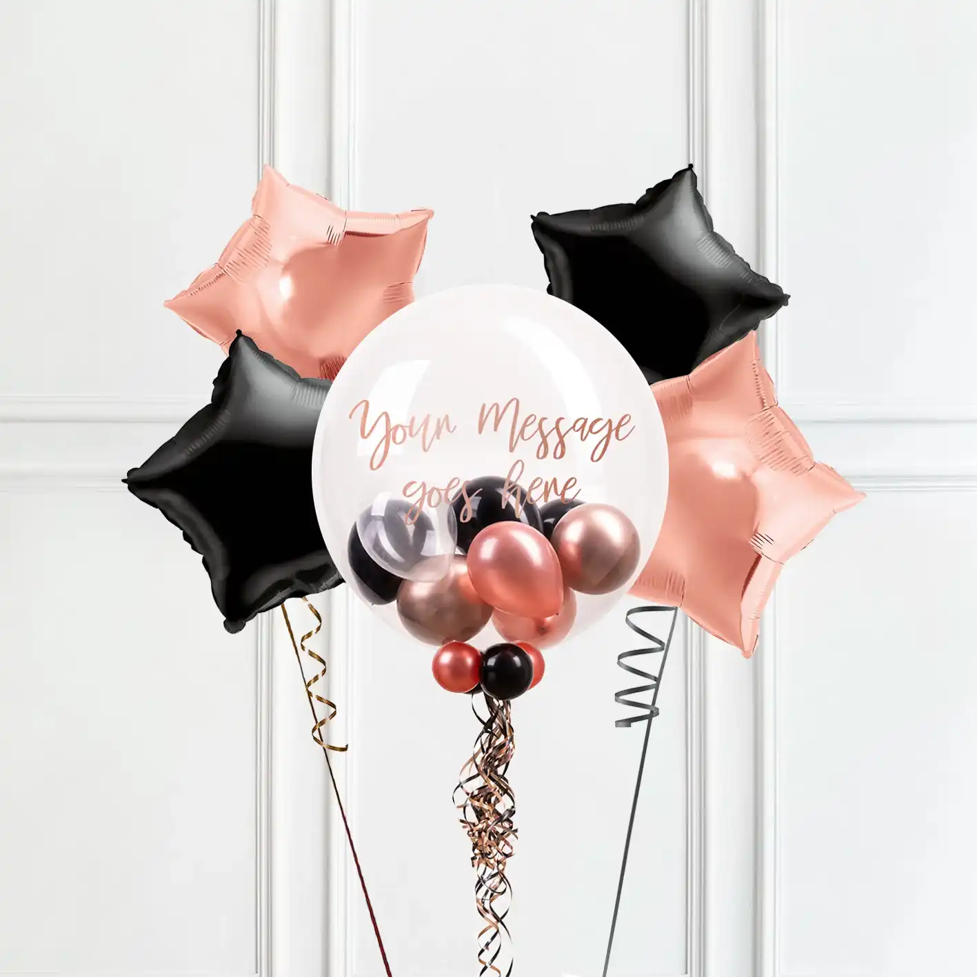 Personalised Bubble Balloon in a Box – Rose Gold Chic 4 Extra Balloons Personalised Balloons