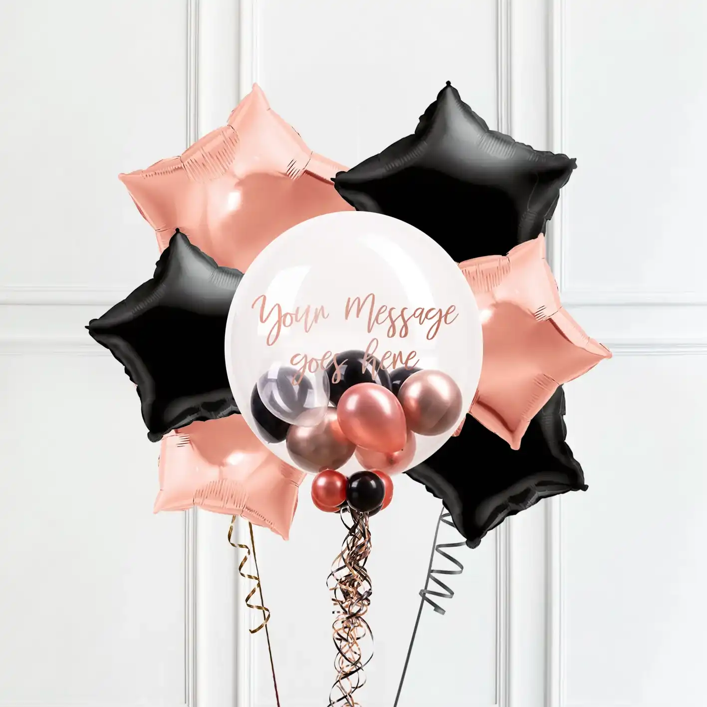 Personalised Bubble Balloon in a Box – Rose Gold Chic 6 Extra Balloons Personalised Balloons