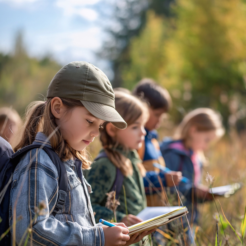 Children on a nature walk, focusing on a girl with a notebook.