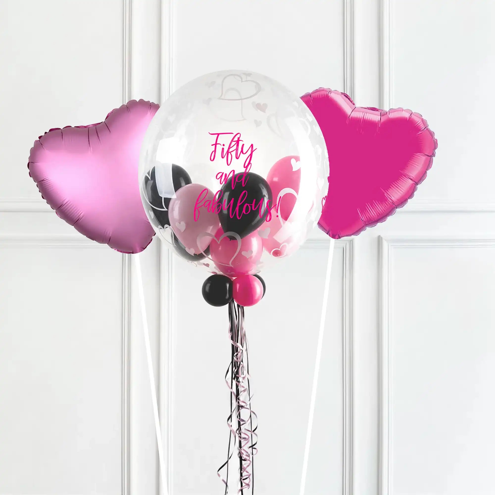 Personalised Bubble Balloon in a Box - Stylish Hearts 2 Extra Balloons Personalised Balloons