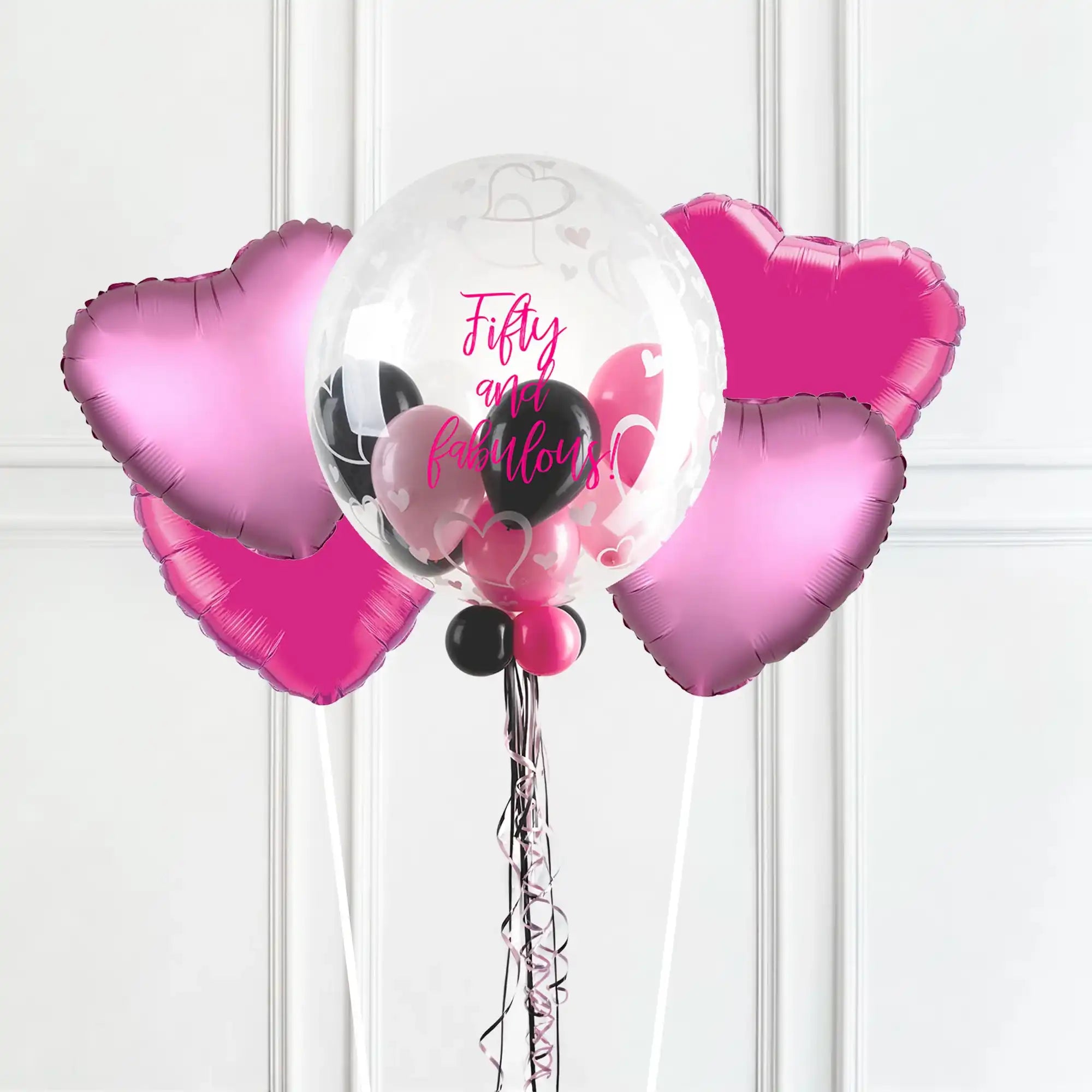 Personalised Bubble Balloon in a Box - Stylish Hearts 4 Extra Balloons Personalised Balloons