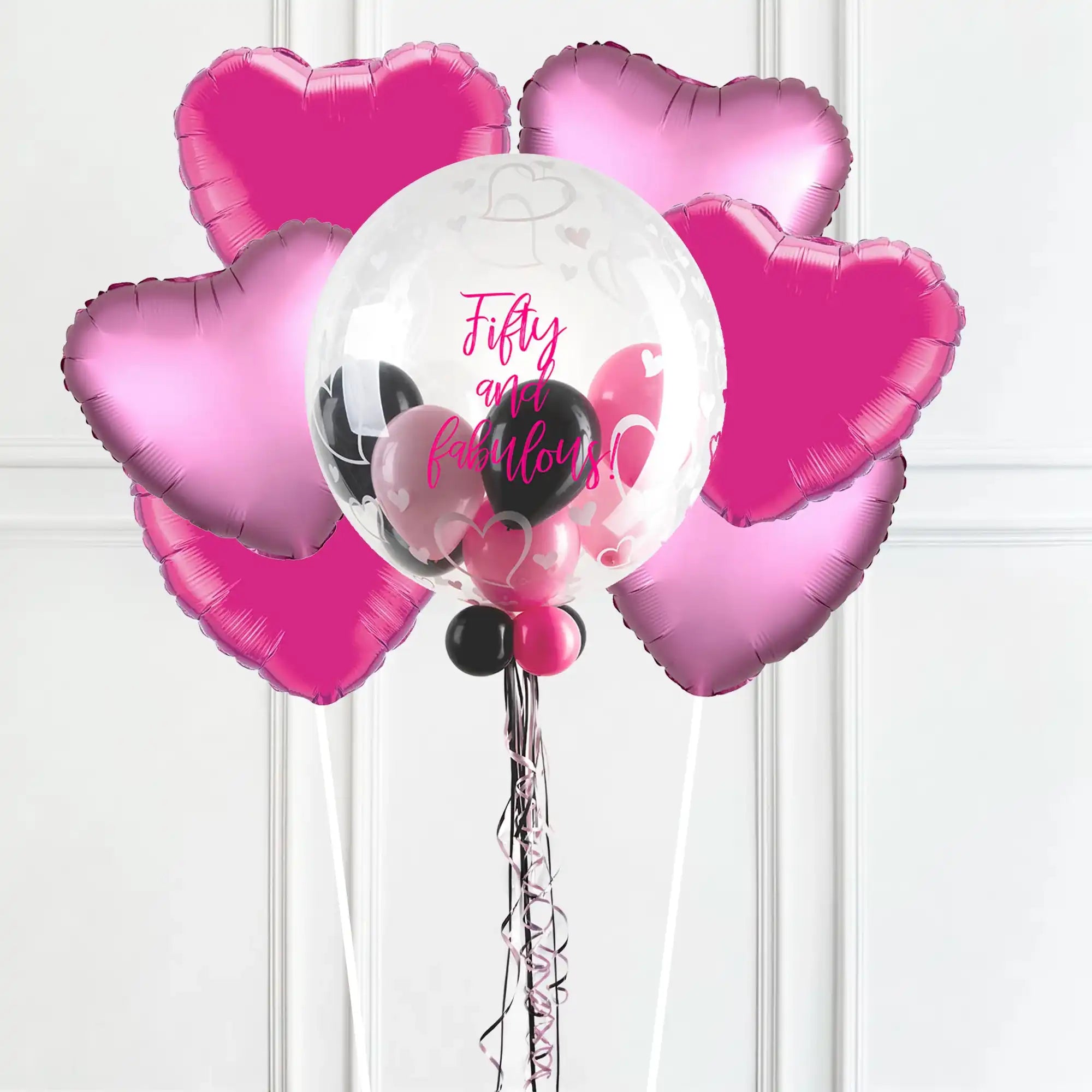 Personalised Bubble Balloon in a Box - Stylish Hearts 6 Extra Balloons Personalised Balloons