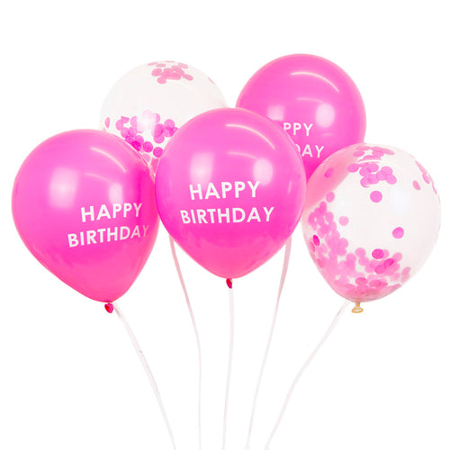 Pink 'Happy Birthday' Confetti Latex Balloons (x5)