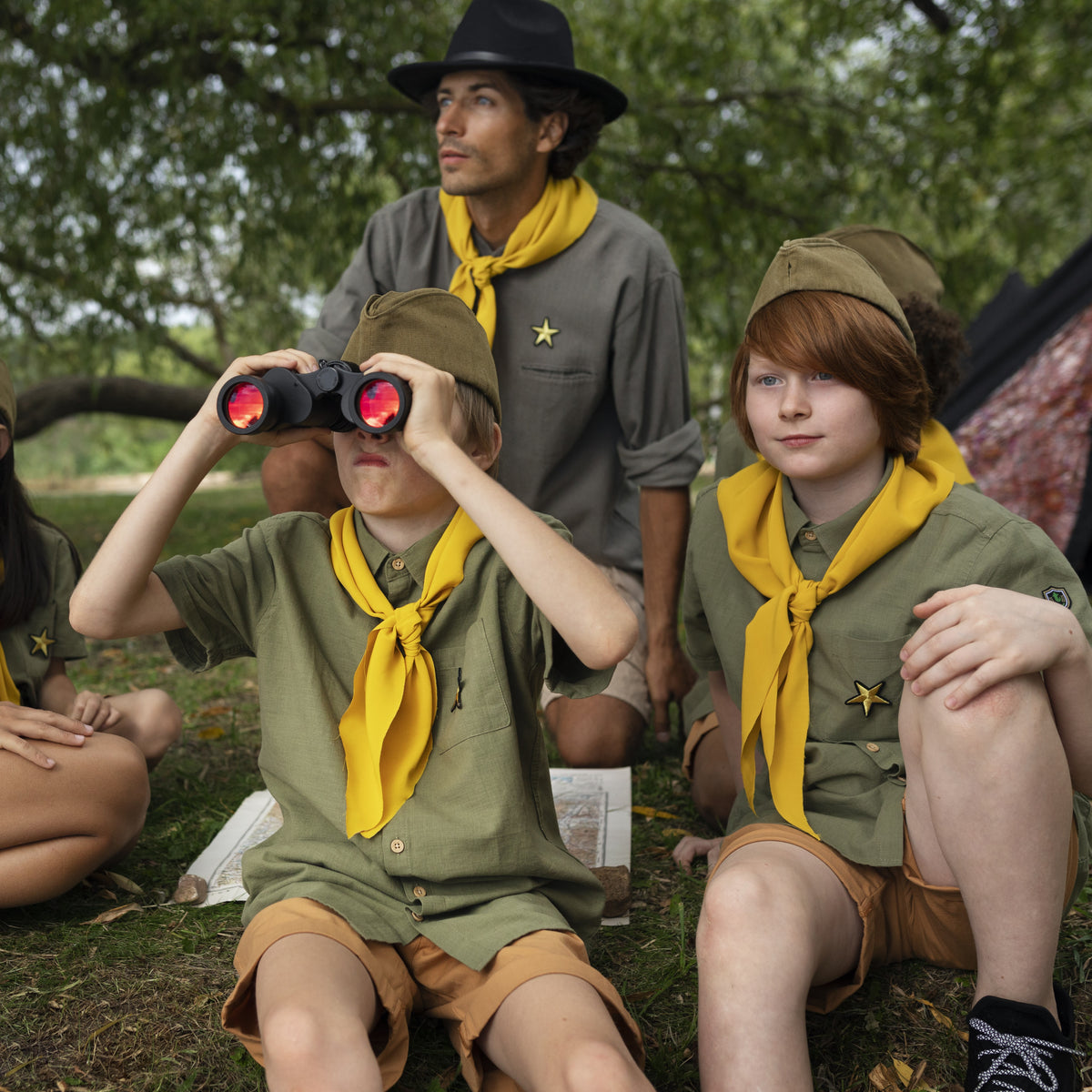Children in scout uniforms with a leader, sitting outdoors with binoculars and a map.