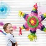 A child breaking open a classic, mexican-styled party pinata