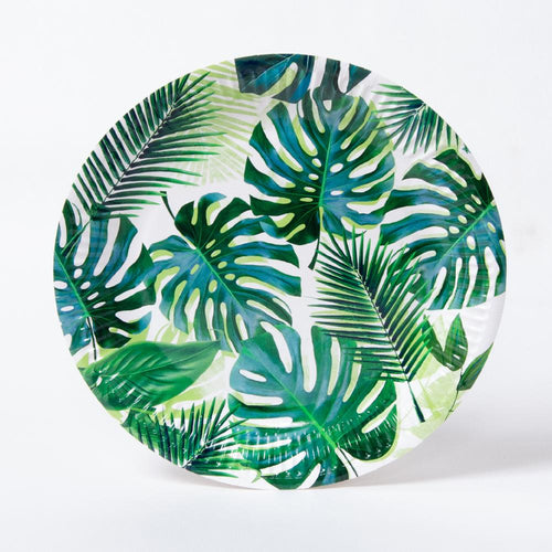 A round jungle-themed party plate with a palm leaf pattern design