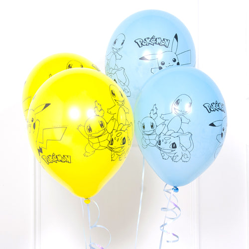 A bunch of blue and yellow latex balloons with a printed pokemon design