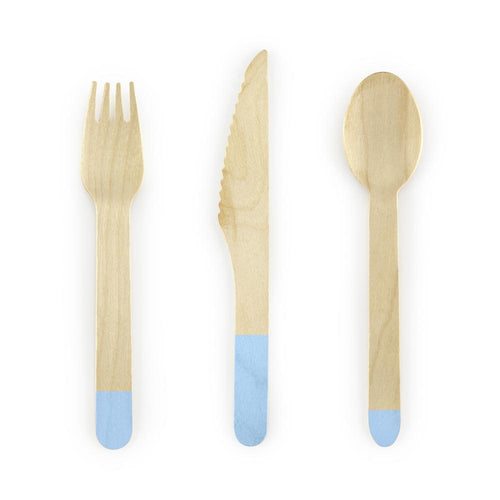 A wooden knife, spoon, and fork with light blue handles