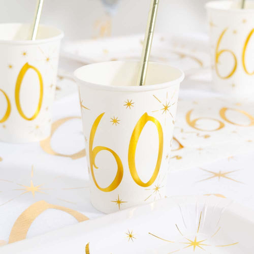 60th Birthday White & Gold Sparkle Cups (x10)