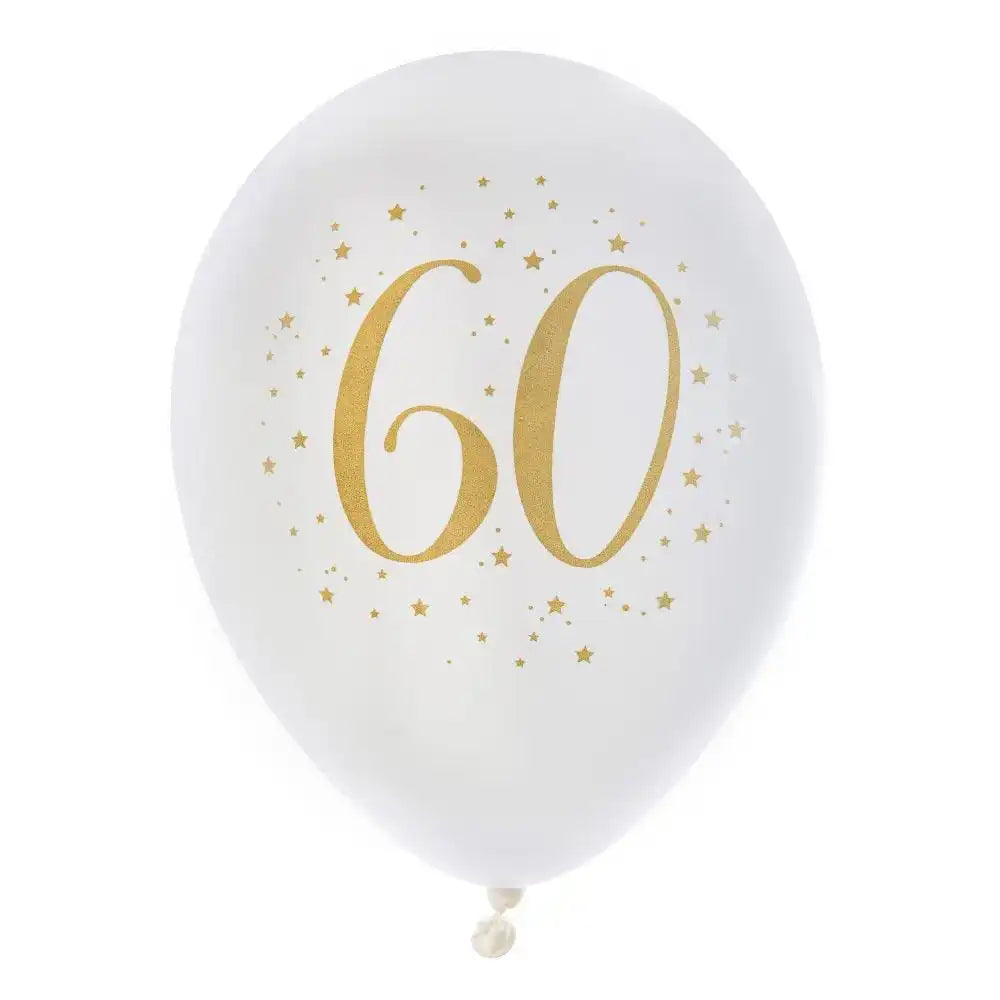 60th Birthday White & Gold Sparkle Latex balloon (x8) Milestone