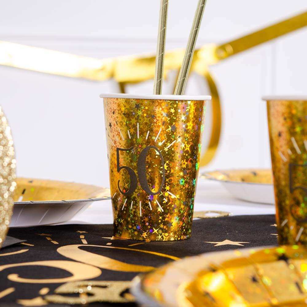 50th Birthday Black & Gold Sparkle Cups (x10) Milestone