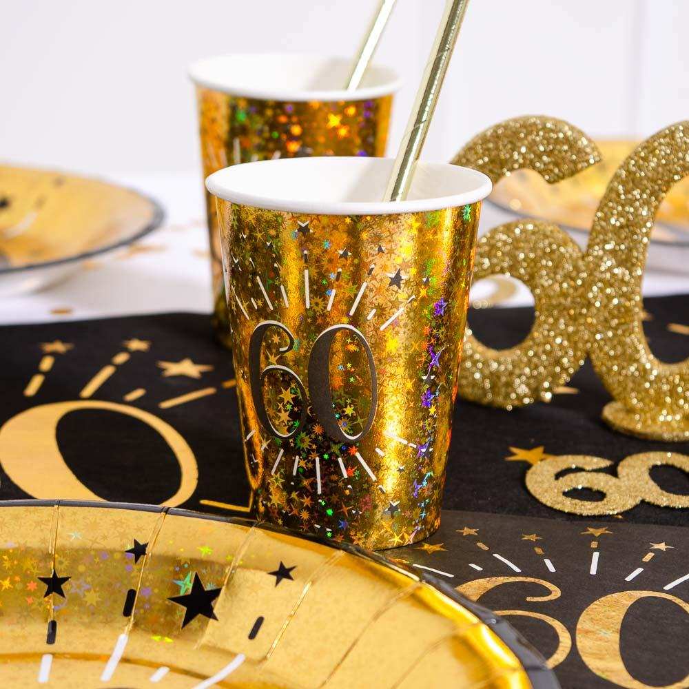 60th Birthday Black & Gold Sparkle Cups (x10) Milestone