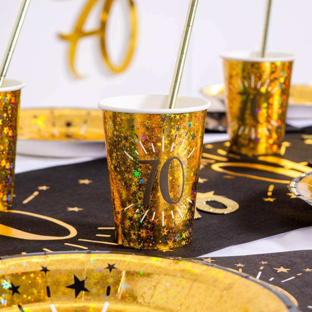 70th Birthday Black & Gold Sparkle Cups (x10) Milestone