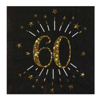 60th Birthday Black & Gold Sparkle Napkins (x10) Milestone