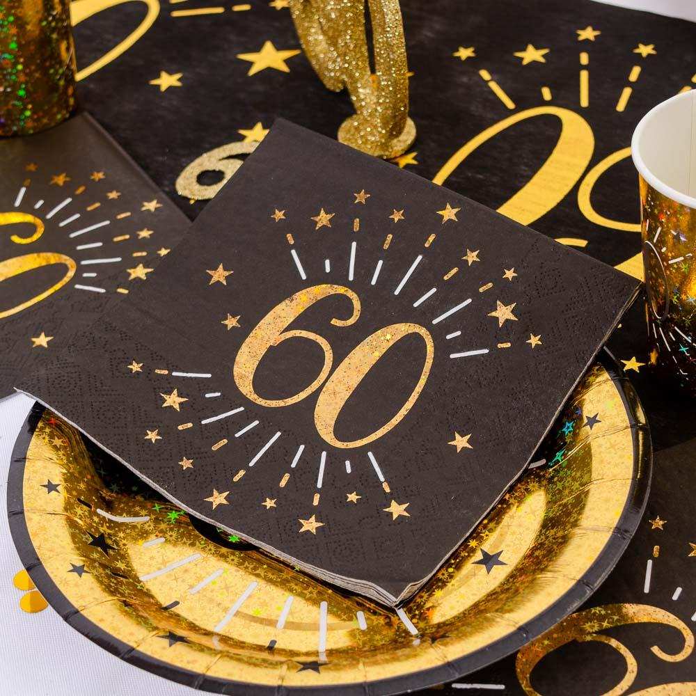 60th Birthday Black & Gold Sparkle Napkins (x10) Milestone