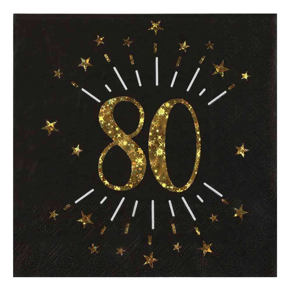 80th Birthday Black & Gold Sparkle Napkins (x10) Milestone