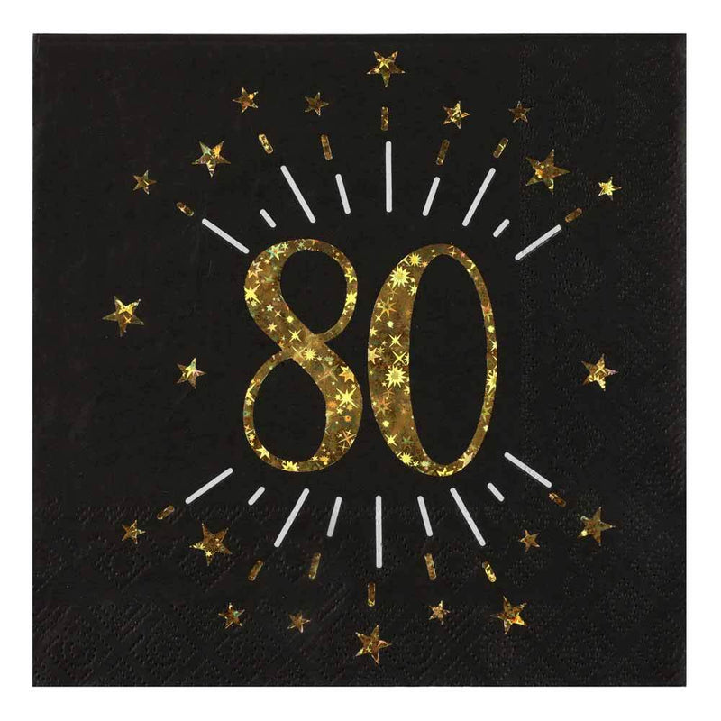 80th Birthday Black & Gold Sparkle Napkins (x10)