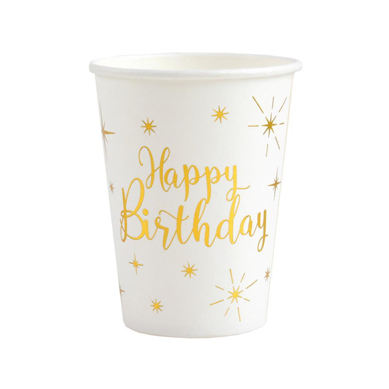 Happy Birthday White & Gold Sparkle Cups (x10)