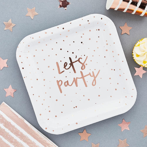 Rose Gold 'Let's Party' Paper Plates (x8)