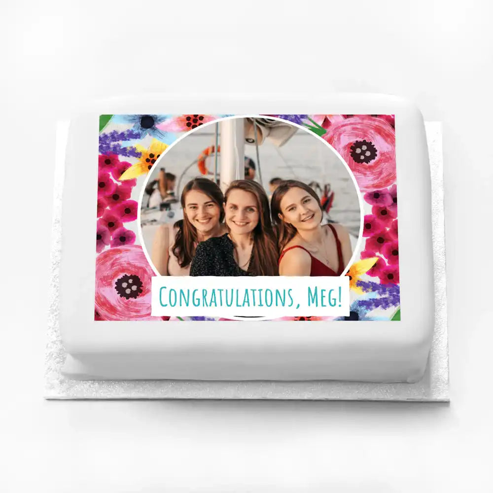 Personalised Photo Cake - Watercolour Flowers Personalised Cake