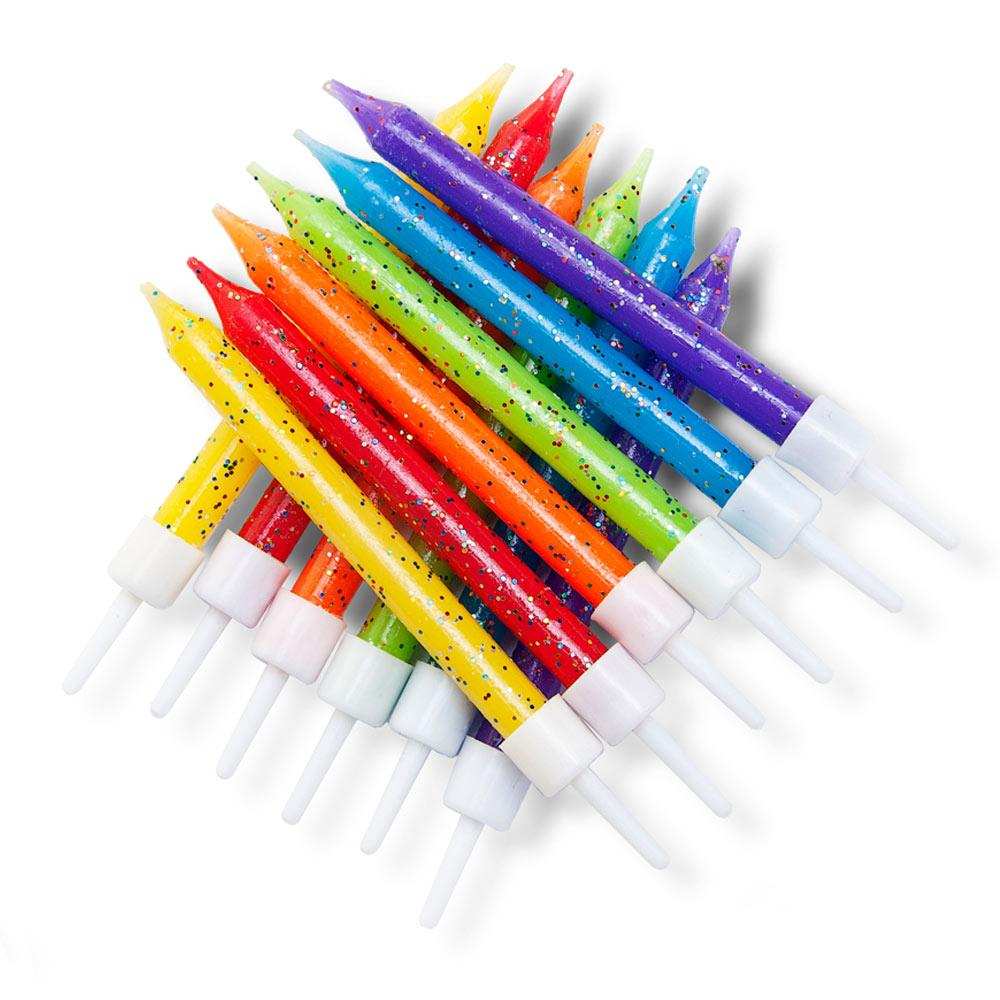 Glitter Candles Multi-Coloured Rainbow Mix with Holders General Party