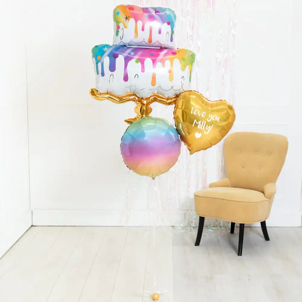 Personalised Inflated Balloon Bouquet in a Box - Rainbow Cake Celebration Personalised Balloons