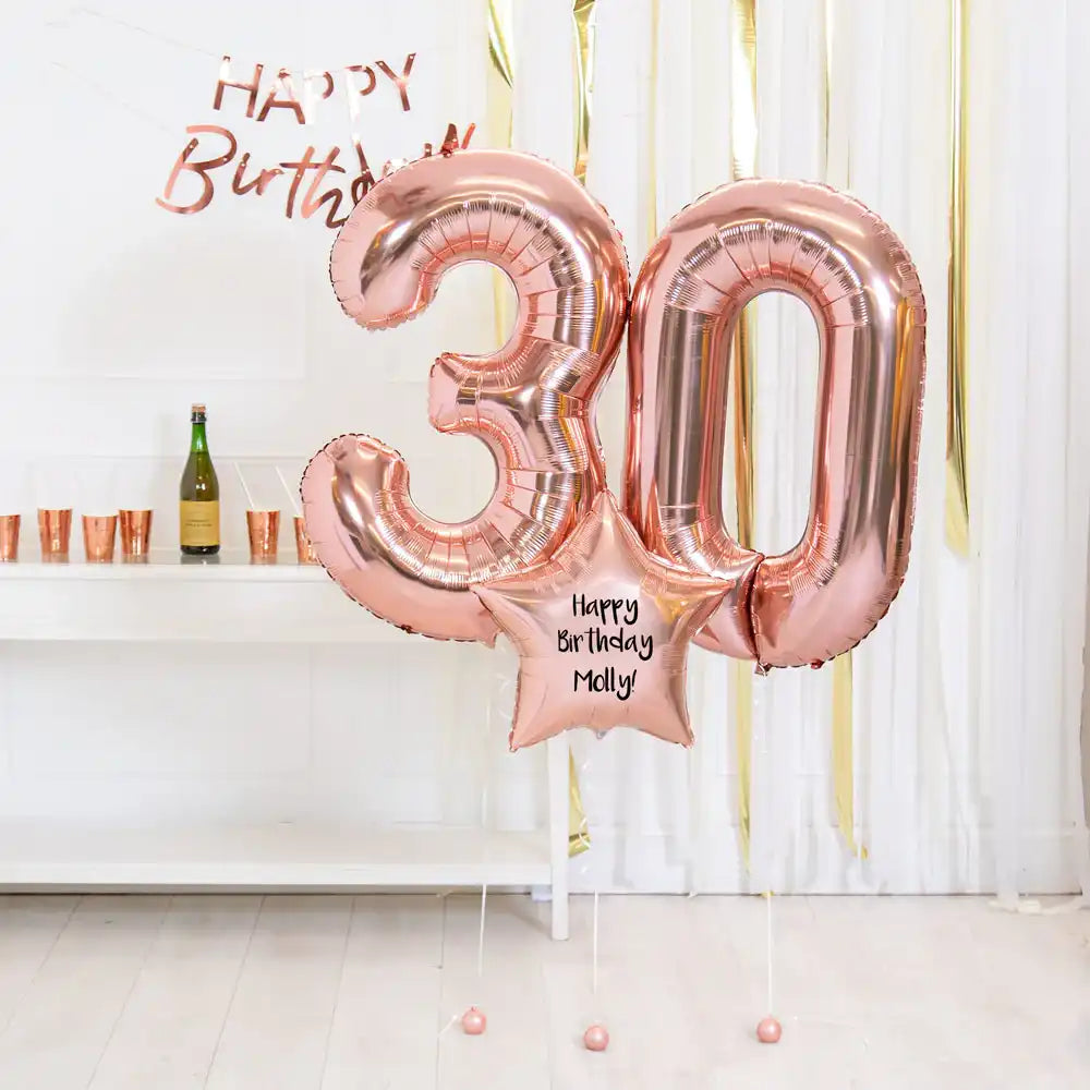 30th Birthday Balloons - Personalised Inflated Balloon Bouquet Rose Gold Personalised Balloons
